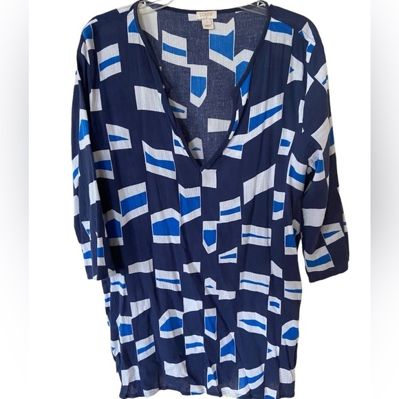 J Crew 100% cotton Geometric Crepe Tissue tunic in blue/white, size L - Picture 1 of 4